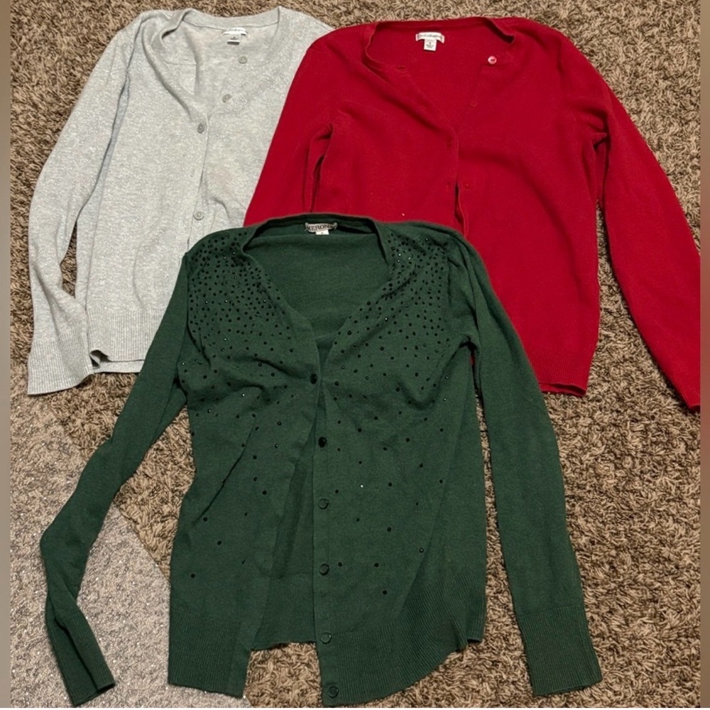 Lot 3 Holiday Cardigans Size Small Sparkly Silver, Green with rhinestones, Red